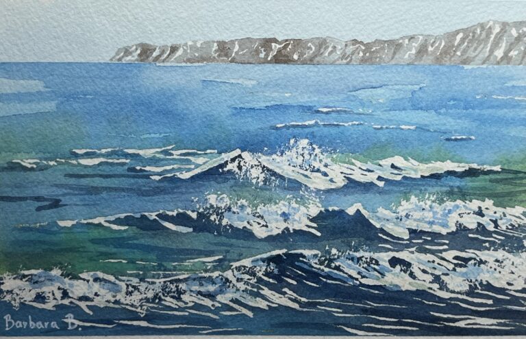 Aquarelle originale de vagues bleues et vertes se brisant devant des falaises, par l'artiste Barbara B.