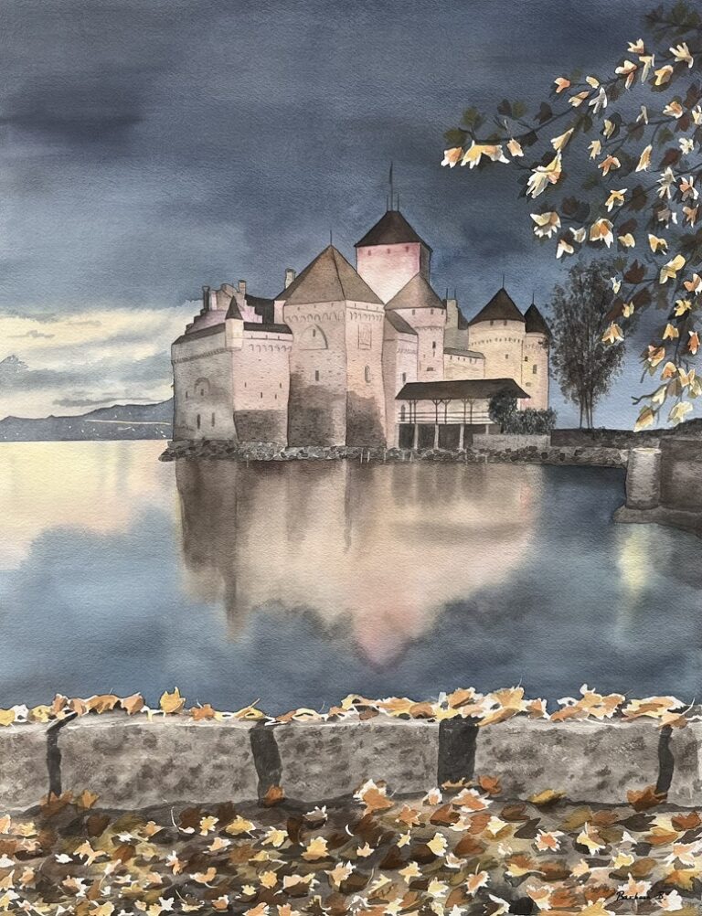 aquarelle réalisée par Barbara B. Le château de Chillon au coucher de soleil un soir d'automne