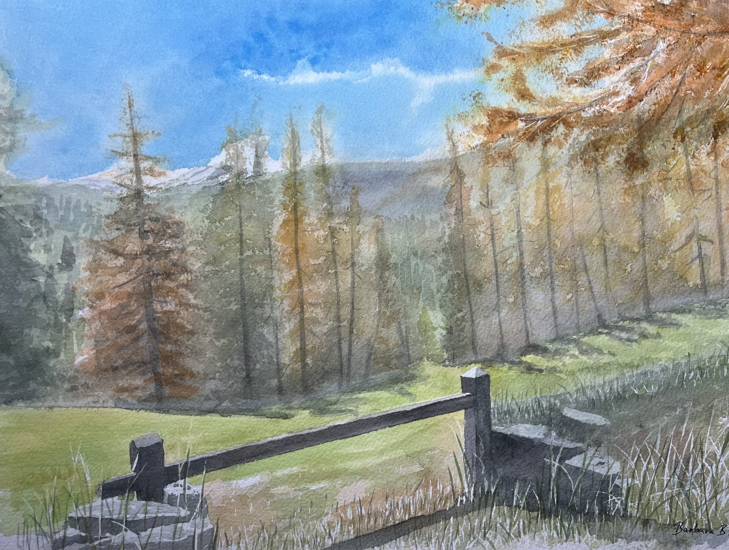 Aquarelle originale d'un paysage d'automne dans le Val de Fex, Grisons, avec des mélèzes dorés et une barrière en bois, par Barbara B.