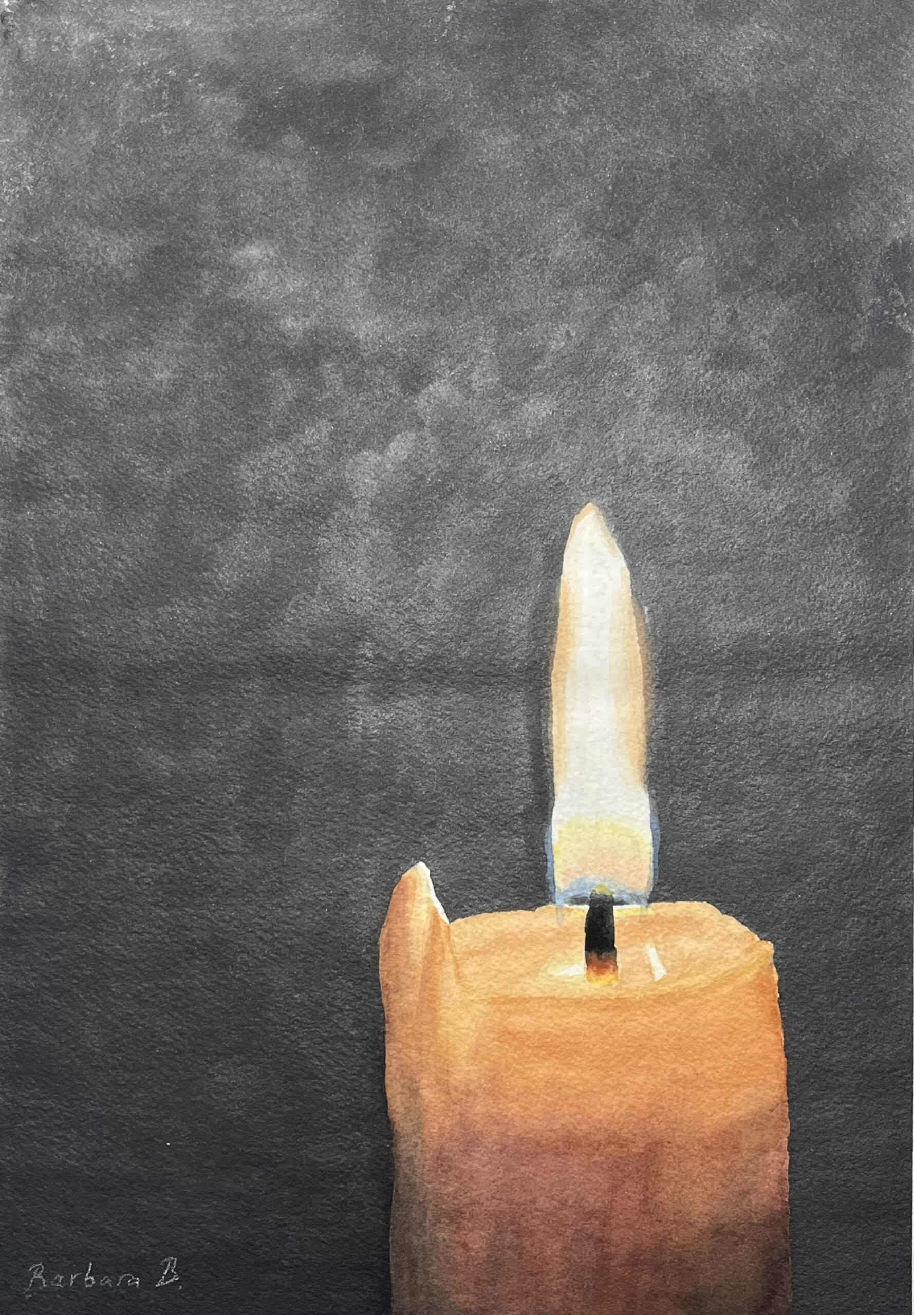 Aquarelle originale d'une bougie allumée sur fond sombre, par Barbara B.