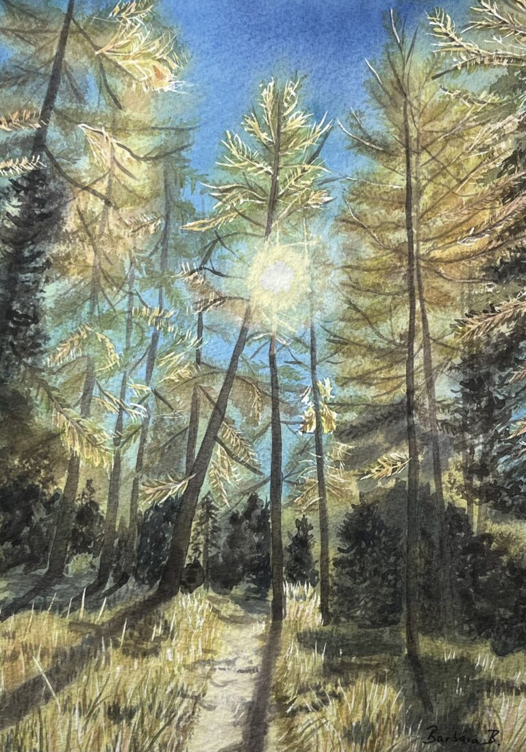 Aquarelle originale d'un chemin forestier ensoleillé dans les Grisons, avec des mélèzes dorés, par Barbara B.