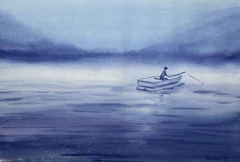 Aquarelle monochrome bleue d'un pêcheur solitaire en barque sur un lac brumeux, par Barbara B.