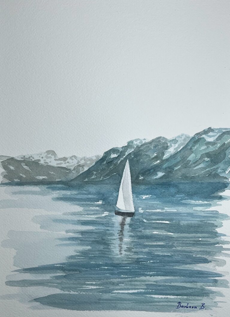 Aquarelle originale d'un voilier blanc sur un lac bleu avec des montagnes en arrière-plan, par Barbara B.